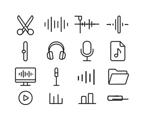 Audio Editing Icon Set. Audio News Editing. Line icon set of Aud