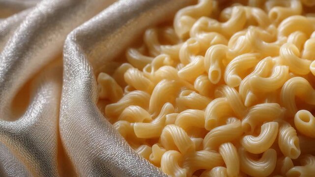 326Macro shot of elbow macaroni in an open white sack, tactile texture of dried pasta contrasted with soft fabric folds