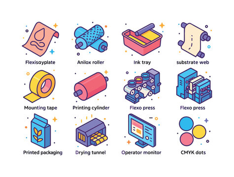 Colorful Flexography Icons. Flexography. Colorful isometric vect