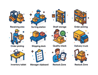 Obraz premium Isometric Warehouse Icons. Warehouse workflow. Colorful isometri