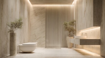 Luxurious Modern Spa Bathroom Interior with Seamless Beige Marble Walls, Minimalist Wooden Slats, Hidden LED Lighting, and Contemporary White Fixtures for High-End Real Estate