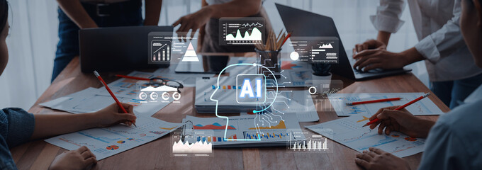 Collaborative Business Meeting on Artificial Intelligence Strategy with Graphs, Charts, and Digital Devices for Innovative Decision Making Trope.