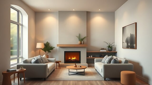 fatalism. Cozy living room interior with fireplace and comfortable sofas in warm ambient lighting. real-estate listings.
