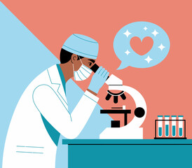 A focused scientist peers into a microscope, surrounded by equipment, symbolizing dedication in science and the love for discovery and innovation as they explore the unknown.