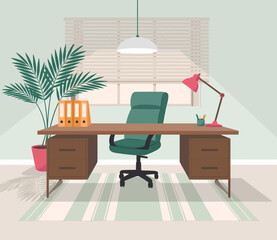 Fototapeta premium A clean and stylish home office setup featuring a green chair, wooden desk, and potted plant, emphasizing minimalism and productivity in a serene environment.