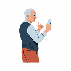 A senior man using a smartphone, expressing joy and engagement, illustrating the embrace of technology in modern life and the connectivity it fosters in all ages.