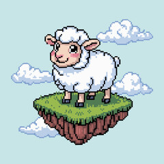 A charming animated sheep stands on a floating green island surrounded by fluffy clouds, evoking a sense of whimsy and innocence in a playful and imaginative fantasy setting.