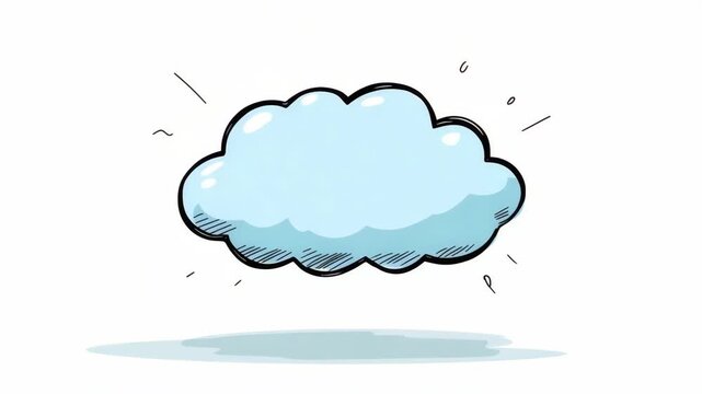 Blue cartoon cloud with black outline floating above a puddle, hand-drawn style, on a white background, symbolizing weather or imagination