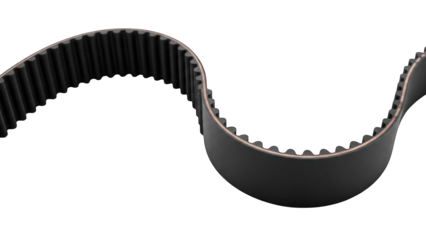 Black Rubber Timing Belt with Teeth on White Background.