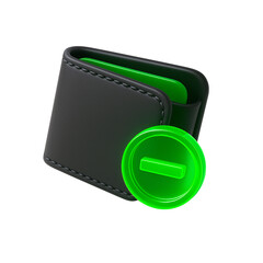 3D black wallet with bright green minus icon, symbolizing financial expense, reduction, or removal of funds. wallet, expense, minus sign, financial, reduction
