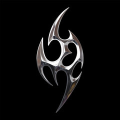 Chrome 3d tribal shape with polished metallic surface, reflecting a y2k aesthetic