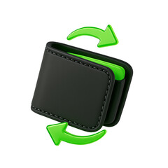 3D Black Wallet with Glowing Green Arrows Representing Digital Money Transfer and Financial Exchange. money transfer, financial exchange, digital transaction, wallet, currency exchange