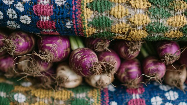 356Close-up of stacked vegetable bags containing beets and onions, colorful mesh patterns creating a striking visual rhythm