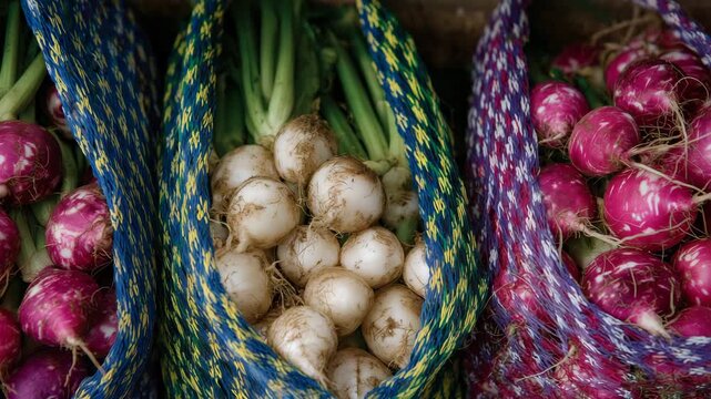 357Close-up of stacked vegetable bags containing beets and onions, colorful mesh patterns creating a striking visual rhythm