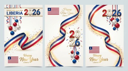 liberia new year 2026 set of three different vertical posters with waving ribbon in national flag colors