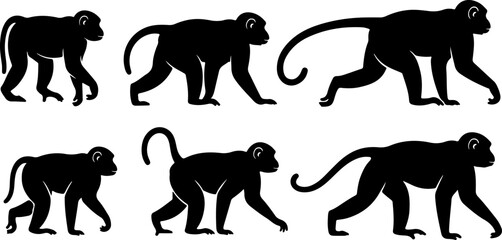 Monkey Silhouette Collection &ndash; Primate Poses Black Vector Set