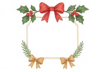 Christmas frame with red bow, holly, and golden ribbons, creating a festive watercolor border for celebration