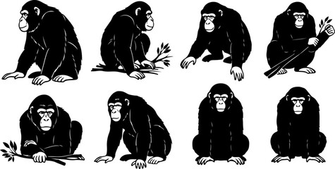 Monkey Silhouette Collection &ndash; Primate Poses Black Vector Set