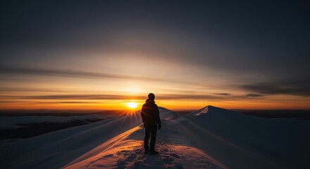 Obraz premium Person Standing on Snowy Mountain Ridge at Sunset with Vibrant Sky and Peaceful Atmosphere