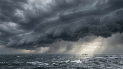 Fototapeta premium A small fishing boat navigates rough seas under a dramatic stormy sky with lightning strikes