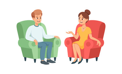 Two friends engage in a lively conversation while sitting on colorful armchairs, exuding warmth, connection, and the joy of human interaction in a cozy setting.