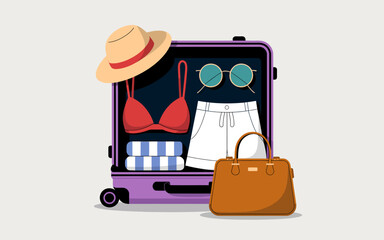 This illustration showcases a stylish open suitcase filled with vibrant travel accessories, including beachwear and sunglasses, reflecting the joy of vacation planning.