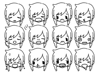 手描きの女の子表情セット白黒３アクシデント