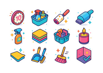 Quick Cleaning Icons. quick cleaning tips. Colorful isometric ve