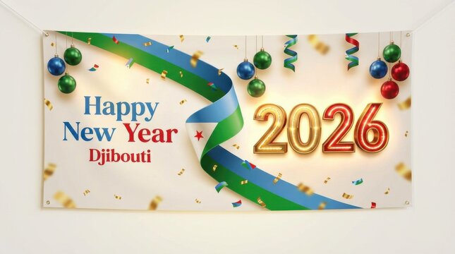 djibouti new year 2026 banner with waving ribbon in national flag colors