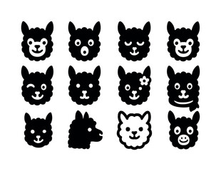Fototapeta premium Alpaca Expressions Icons Set. Alpaca faces. Solid icon set of al