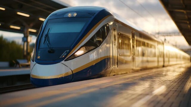 390A cinematic side view of a passenger train at the station, gleaming under golden hour sunlight, deep shadows emphasizing its sleek contours