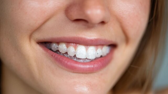 402Detailed shot of a woman&rsquo;s mouth smiling with clear aligners visible, reflections glimmering subtly on the transparent surface, emphasizing dental aesthetics