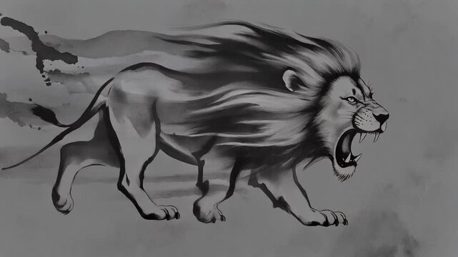 風に吠えるライオンの白黒墨絵動画