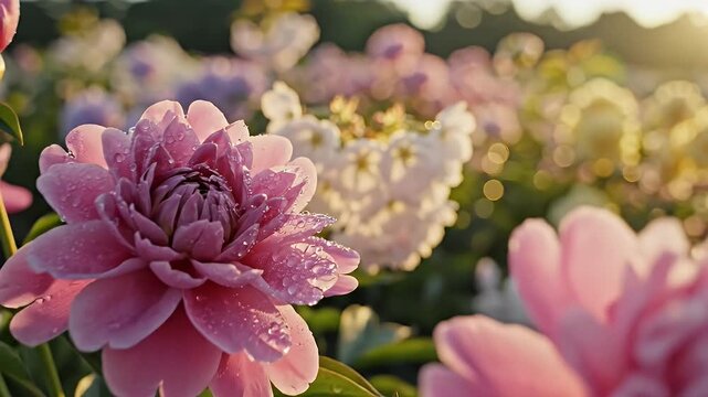Beautiful pink peonies blooming in a sunny garden, natures vibrant display.