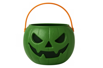 Green halloween trick or treating bucket with spooky jack o lantern face, ready for candy collection, transparent background