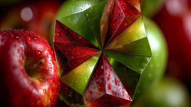 Abstract fruit composition: Red and green apples create a polygonal kaleidoscope effect. Fresh and delicious apple mosaic of textures. - Powered by Adobe