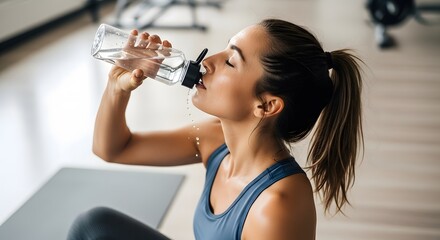 Close-up of a sweaty athletic woman drinking water from a bottle, sitting on a yoga mat after an intense workout in the gym. Hydration and fitness.