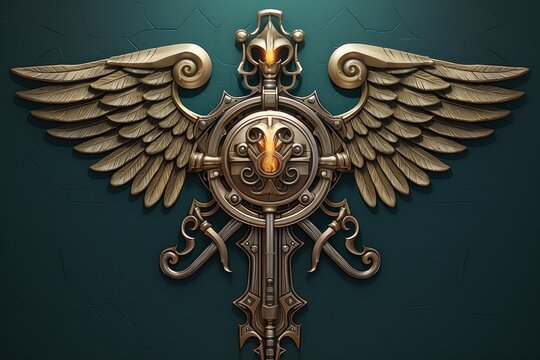 Golden steampunk style winged emblem with glowing center shining on teal background