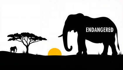 Silhouette of an elephant and sunset in savannah with endangered message, concept of World Wildlife Day  