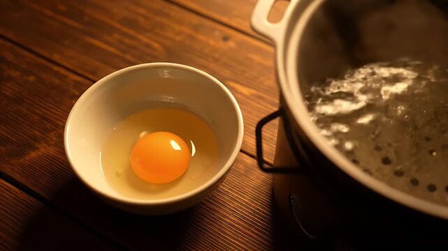 A bowl of egg yolk sits on a wooden table next to a pot of boiling water. The scene is simple and unassuming, but it conveys a sense of warmth and comfort. The egg yolk is a symbol of nourishment