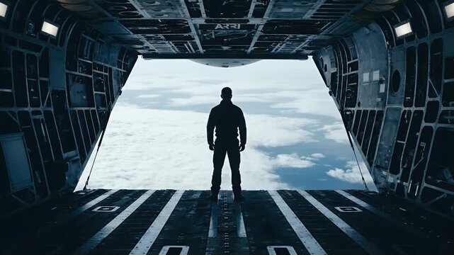 Cinematic Silhouette of a Man Standing in the Open Military Plane Above the Clouds