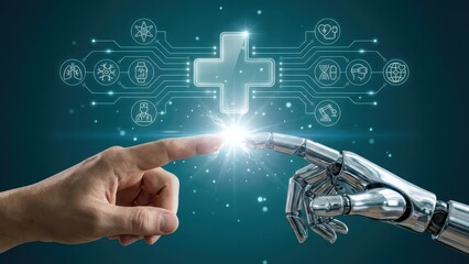 Technological innovation in healthcare the intersection of human touch and robotic precision digital realm visual representation futuristic perspective