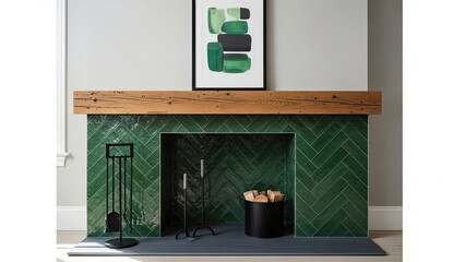 Modern Fireplace with Green Tiles and Wooden Mantelpiece.