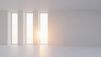 Bright sunlight streaming through three tall windows in a white room