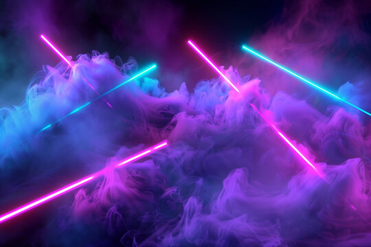 Abstract light background with bokeh, neon lasers and cosmic nebula, festive and futuristic texture, generative AI.