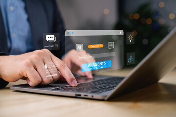 AI agent, live chat, generation platform, prompt, and command screen. A person typing on laptop keyboard interacting with AI interface in modern tech environment.