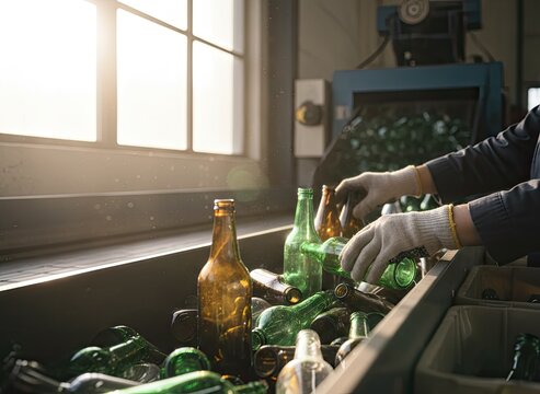 Worker Wearing White Gloves Sorts Glass Bottles On A Conveyor Belt In A Recycling Plant With Sunlight Streaming Through Windows