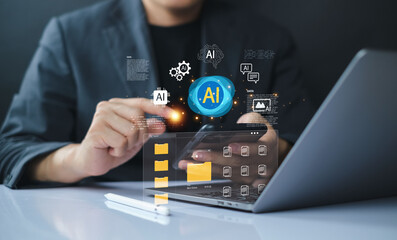 AI data management, file technology, automation, and digital interface concept. Businessperson using smartphone to access virtual folders connected to laptop with AI processing icons.