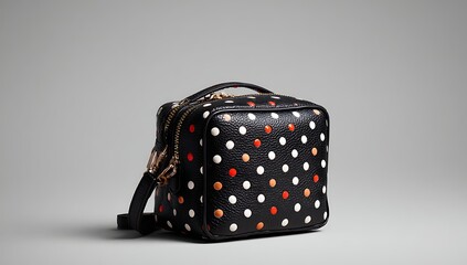 Stylish black and white polka dot bag with orange accents on a gray background