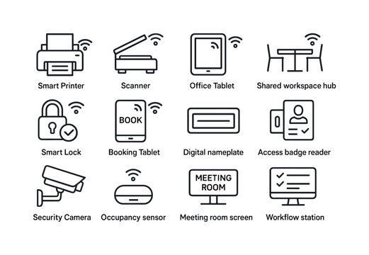 Smart Office Icons. Smart office equipment. Line icon set of sma